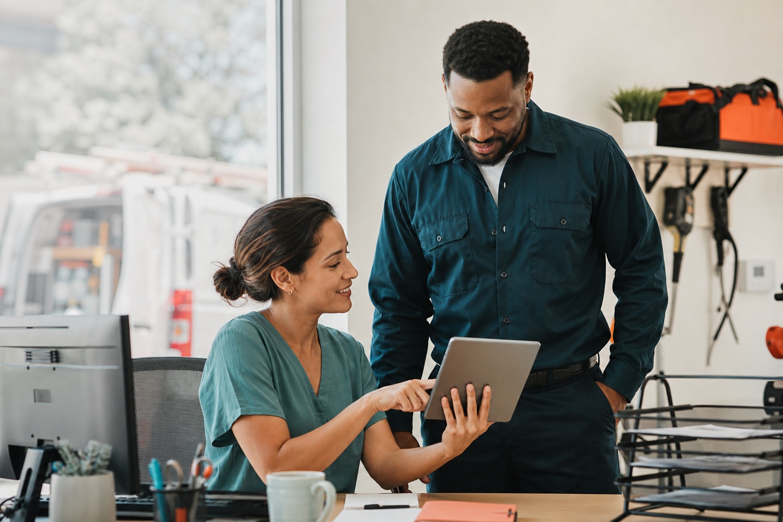 A home-service team coordinating the day together